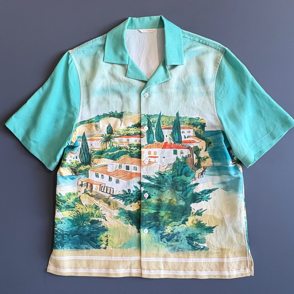 Zara Tuscan Village Print Camp Collar‎ Shirt | Size M | European Italian Resort